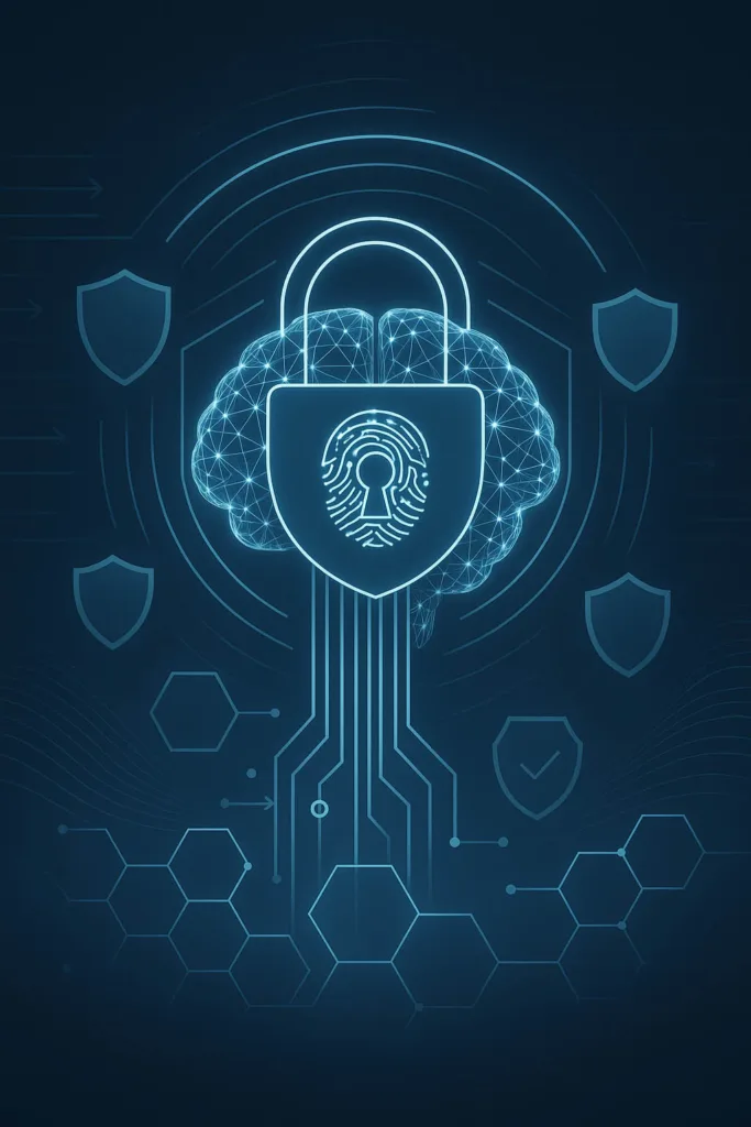 Futuristic AI brain protected by digital padlock and cybersecurity layers, representing AI security consulting, adversarial attack protection, and compliance readiness.