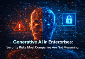 Generative AI cybersecurity risks in enterprises, represented by a split digital AI face with warning and security icons.