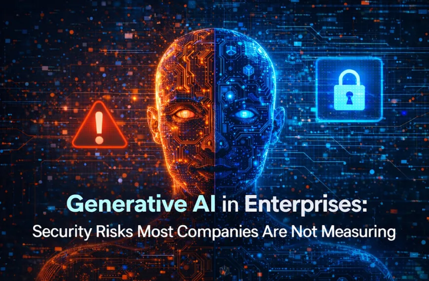 Generative AI cybersecurity risks in enterprises, represented by a split digital AI face with warning and security icons.